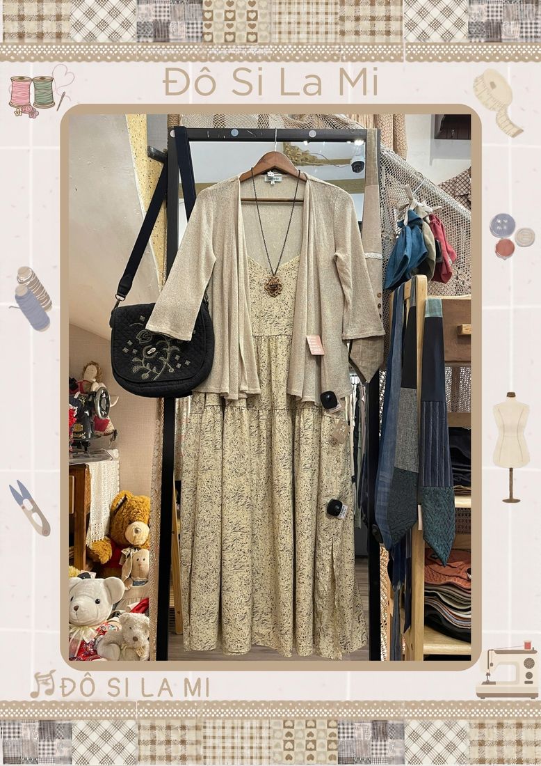 Áo cardigan be phối đầm ren kem dài